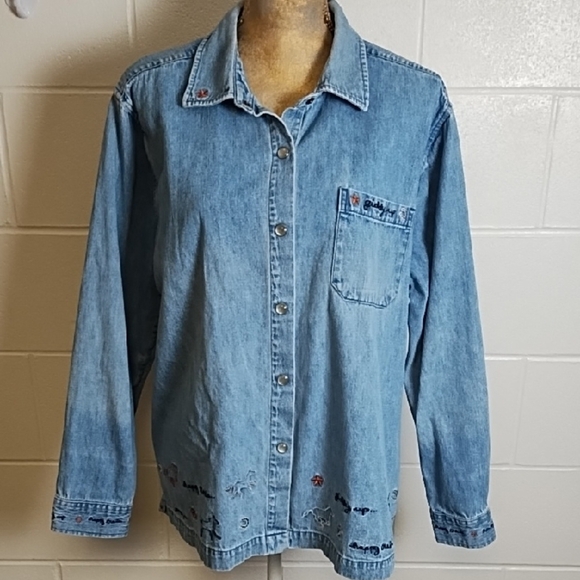 Denim Pearl Snap Giddy up Happy Trails Horse Embroidered Shirt Shacket - Picture 1 of 14